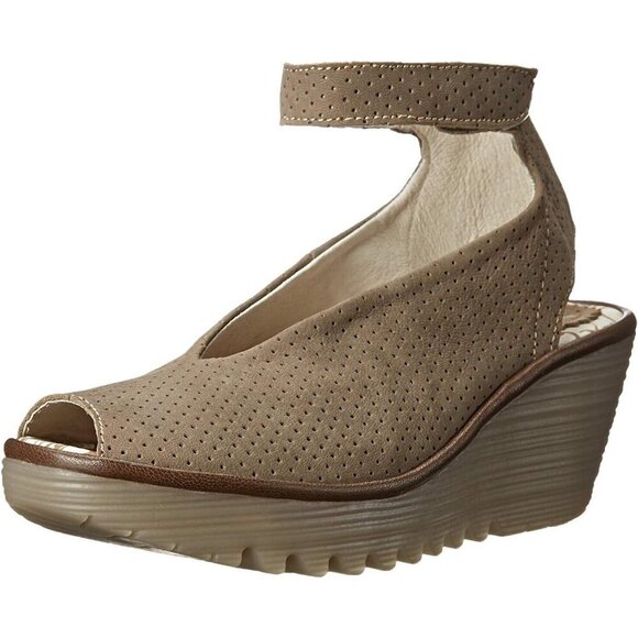 Fly London - Yala Perforated Suede Peep Toe Wedge Sandals, sz 39 or US 8-8.5 - Picture 1 of 10
